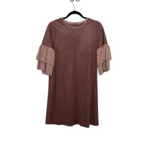 Luisa Perla Rose Ruffle Sleeve Suede Dress